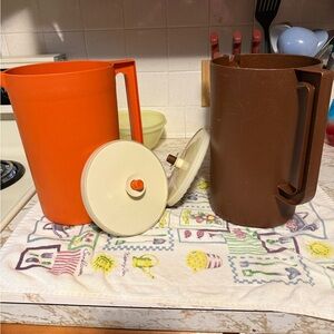 Vintage Orange and Brown Pitcher Set